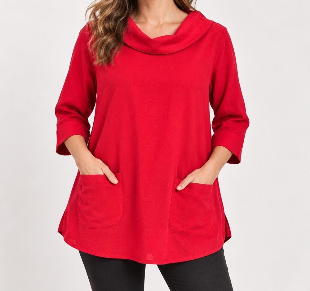 Fridaze Linen Laganlook Blouse Red Cowl Neck Pocket Shirt Size M Curved Hem